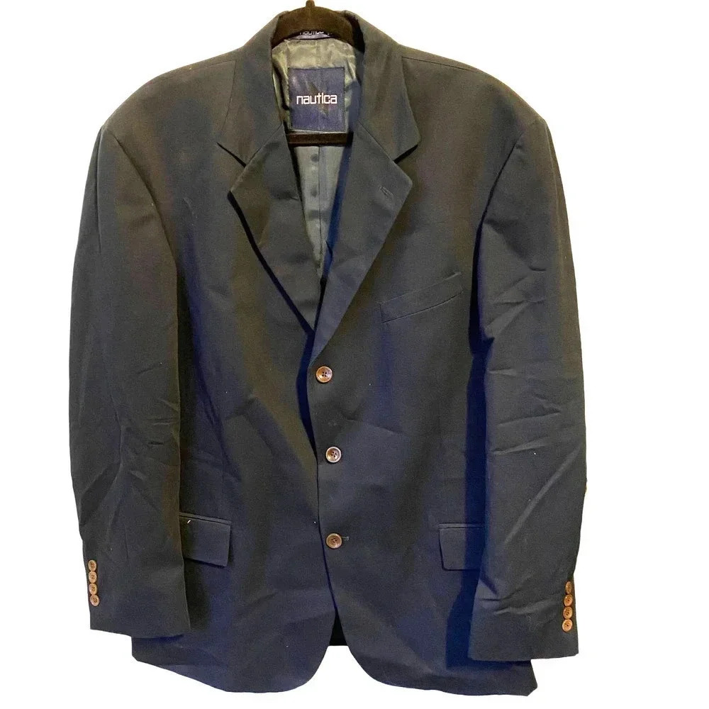 Nautica 3 Buttons Cotton Men Suit Blazer Sports Coat Size 44R Pockets Blue